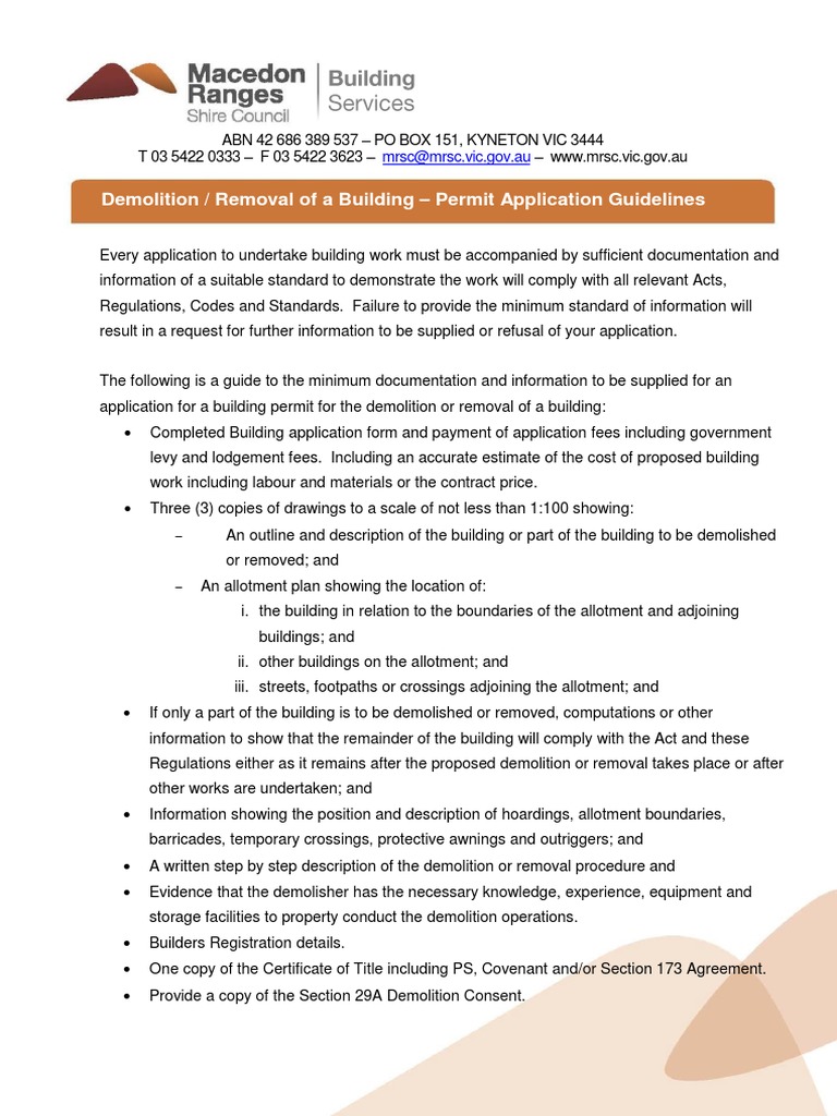 Demolition / Removal of A Building - Permit Application Guidelines ...