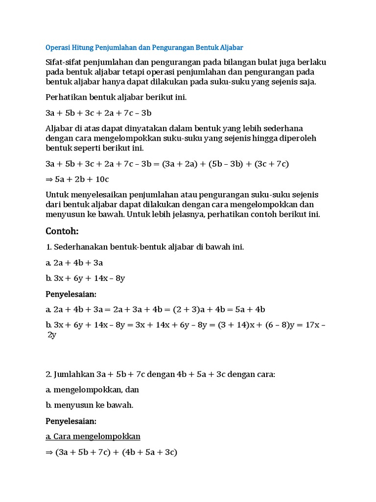 Contoh Operasi Hitung Penjumlahan Dan Pengurangan Bentuk Aljabar