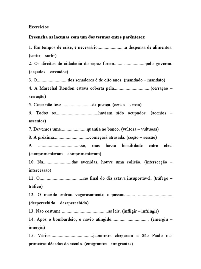 Atividades Palavras Homonimas E Parônimos Com Gabarito