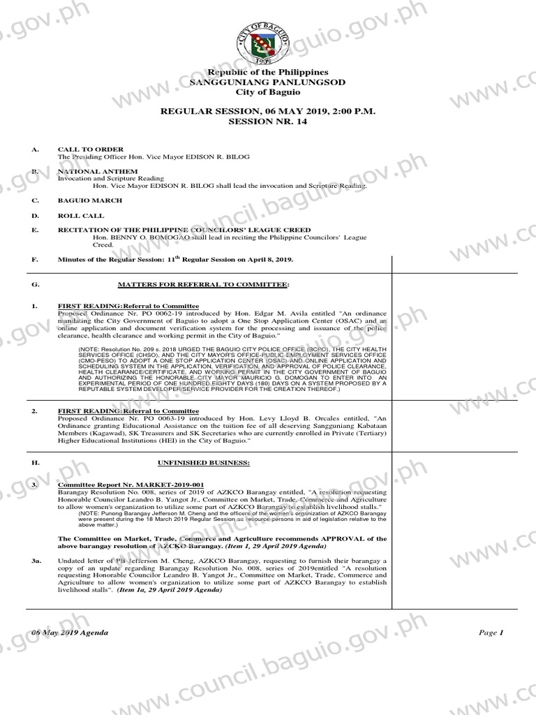 Baguio City Council Agenda | PDF | Government