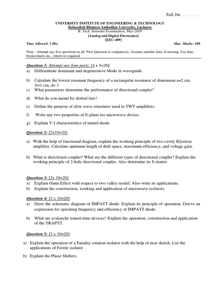 B.Tech Analog & Digital Electronics Exam | PDF | Microwave | Electrical ...