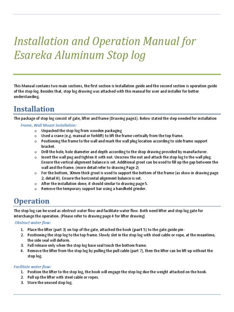 Installation and Operation Manual For Esareka Aluminum Stop Log ...