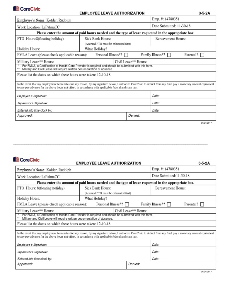 03-05-02A Corecivic 2017paidtimeoff | PDF | Family And Medical Leave ...