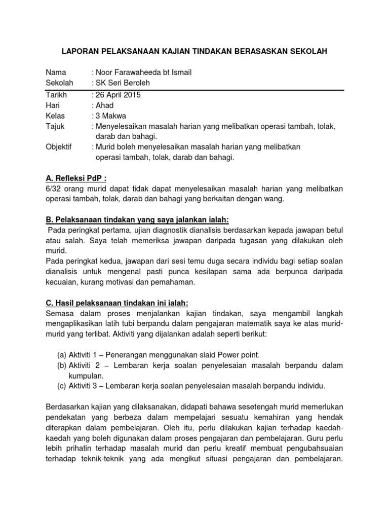 Laporan Pelaksanaan Kajian Tindakan Berasaskan Sekolah