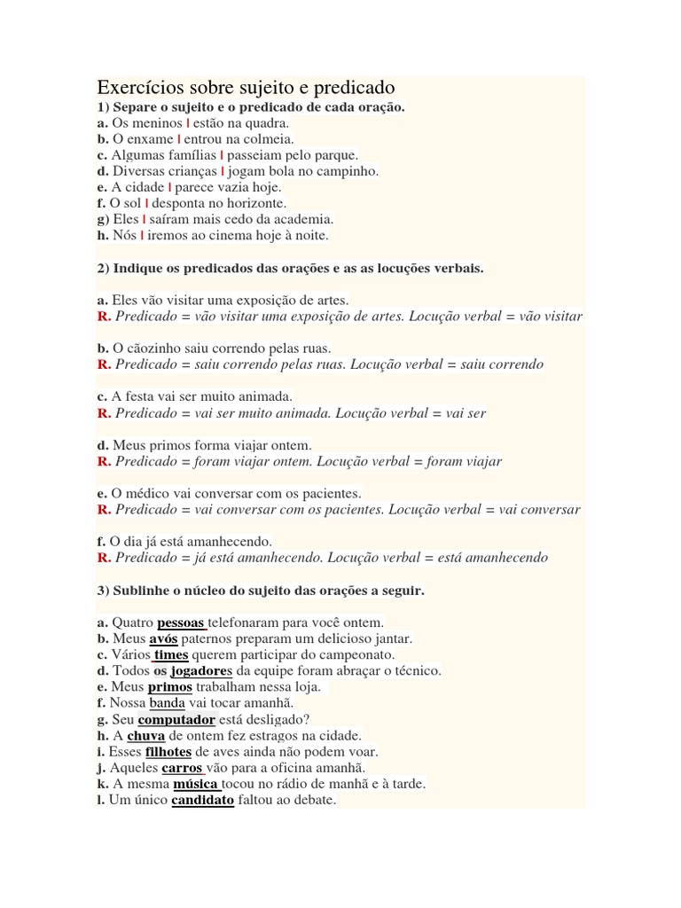 Exercícios Sobre Sujeito e Predicado | PDF
