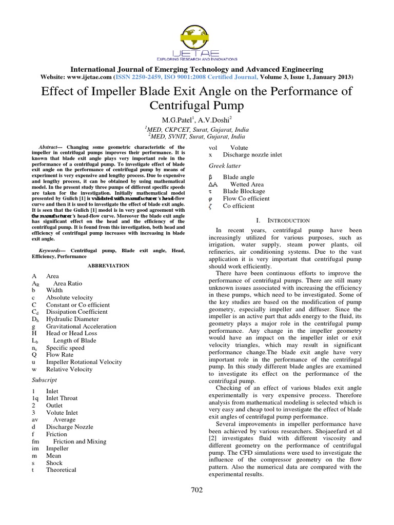 Impact of Blade Exit Angle on Pump Efficiency | PDF | Pump | Soft Matter