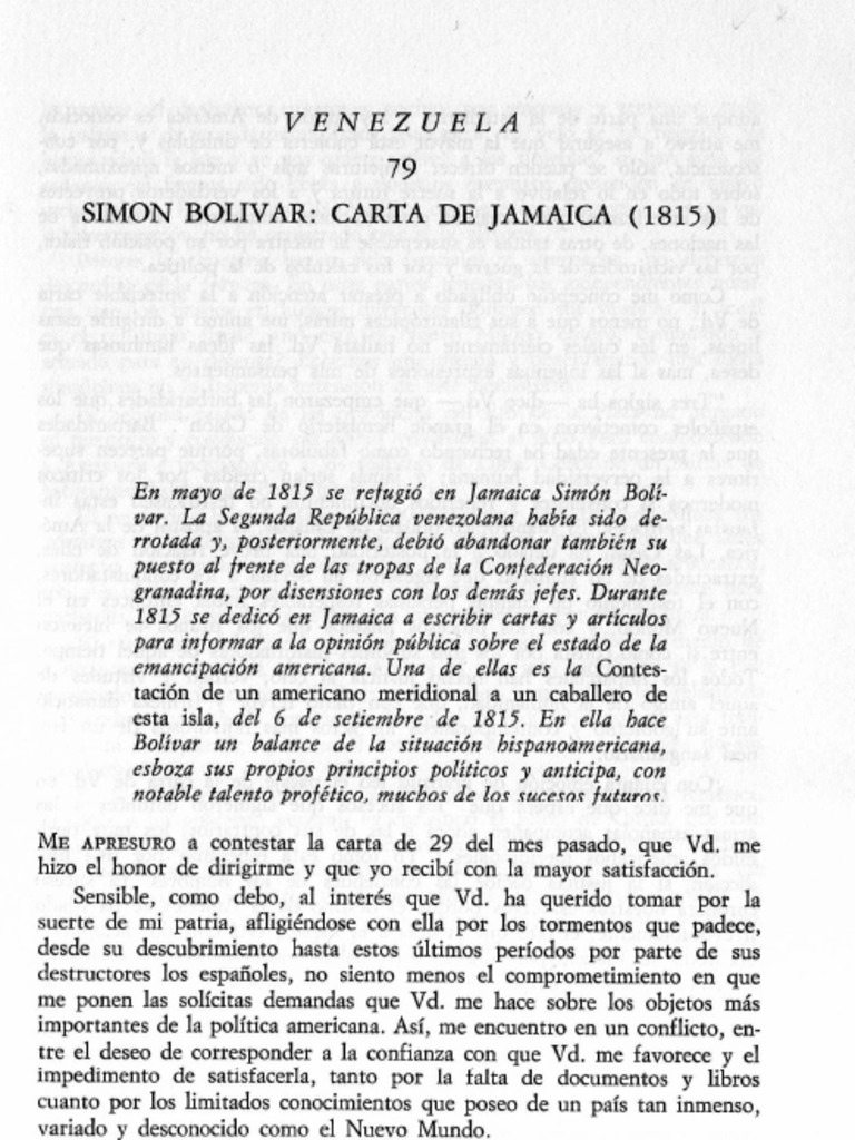 Simón Bolivar Carta de Jamaica PDF