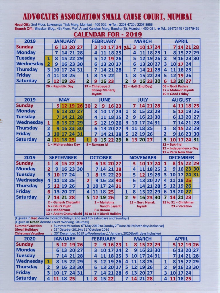 Small Causes COurt Calendar 2019 | PDF
