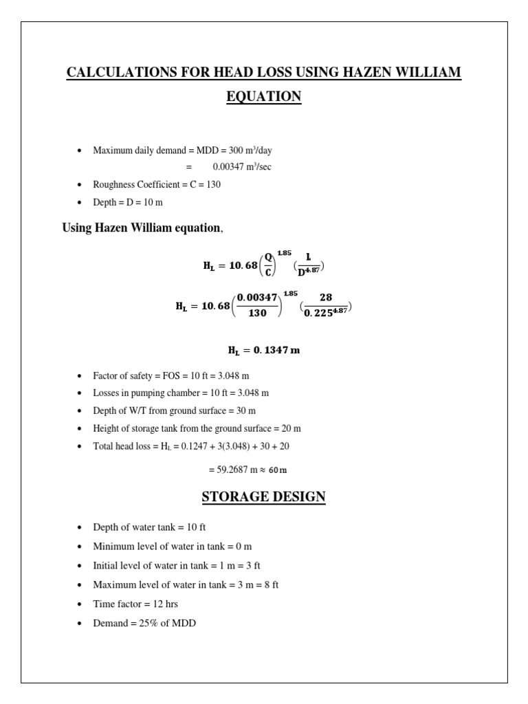 Calculations For Head Loss Using Hazen William Equation PDF Fluid