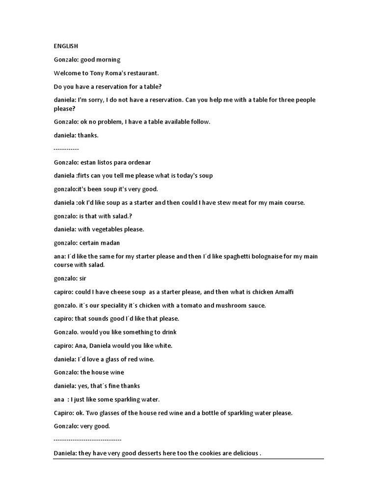 Scenario 4 (Ordering Food at A Restaurant) | PDF | Vino | Cocina