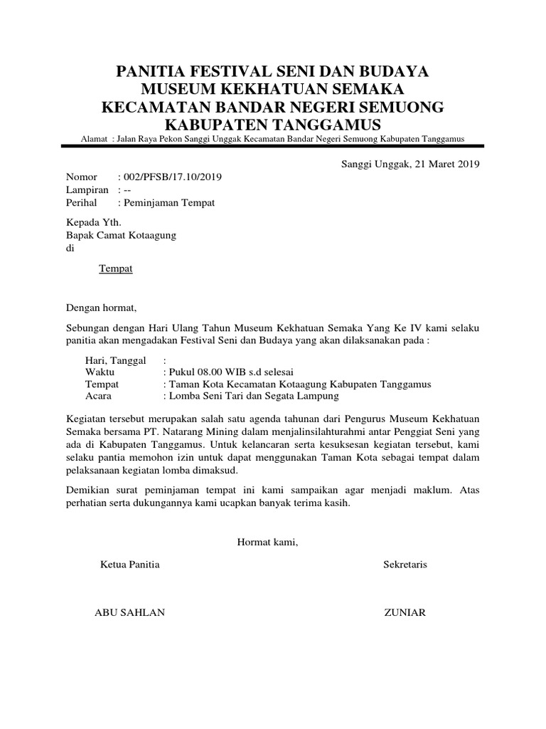 Surat Peminjaman Tempat Festival Seni | PDF | Griya …
