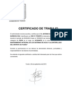 Certificado de trabajo para Antonio Gianjairo Zenon Barboza Diaz