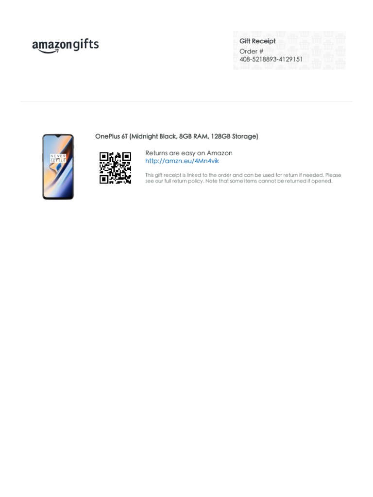 OnePlus 6T Gift Receipt and Return Info | PDF
