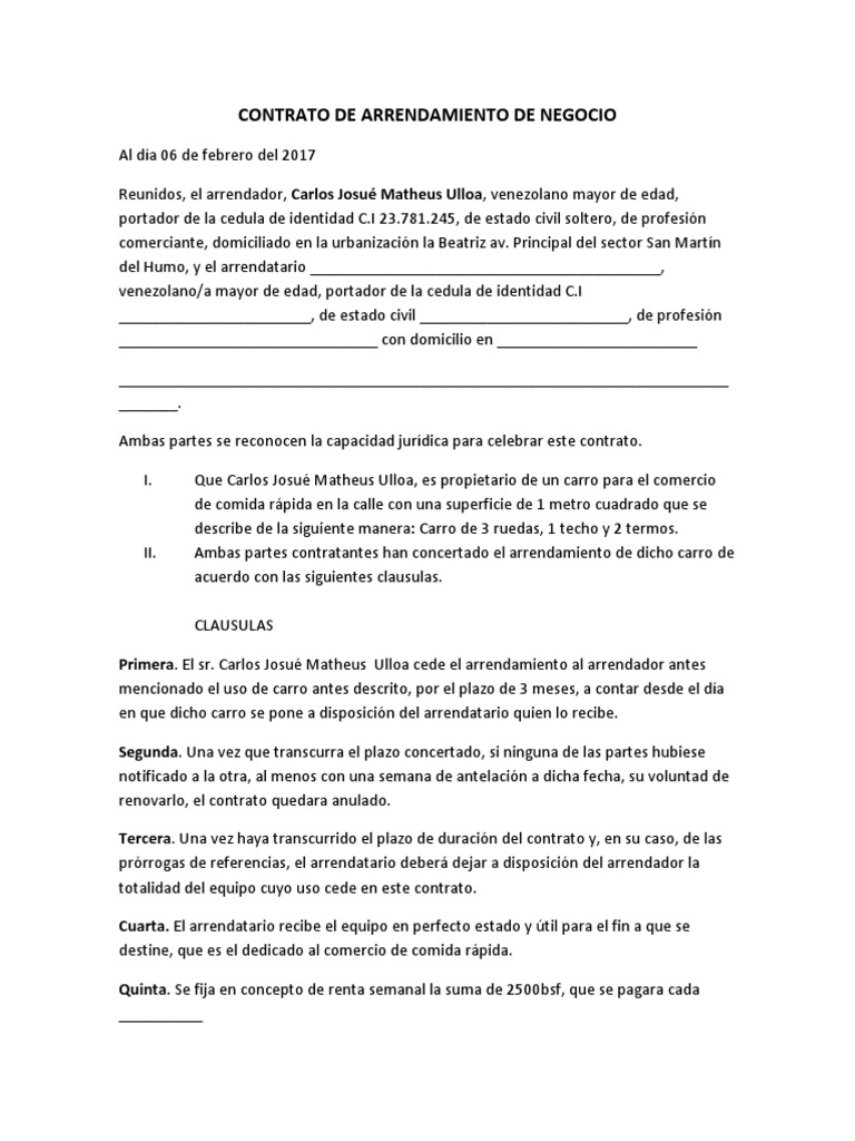 Contrato de Arrendamiento de Negocio | PDF | Alquiler | Gobierno