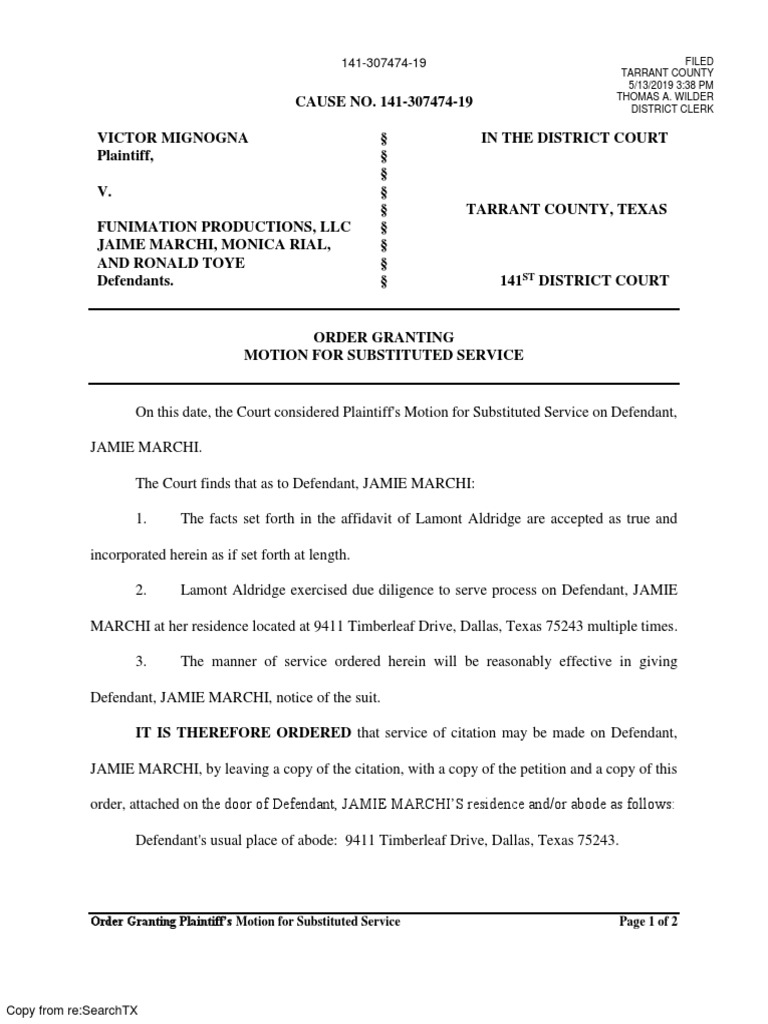 Order granting motion for substituted service lawsuit virtue free