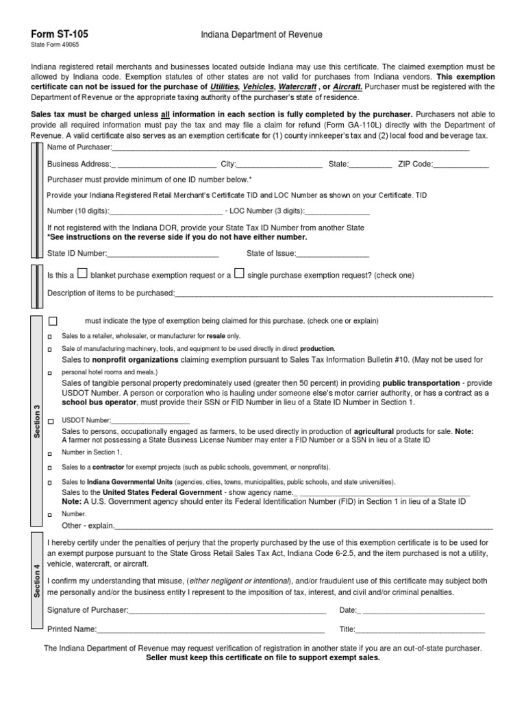 Form ST-105: Indiana Department of Revenue | PDF | Sales Taxes In 