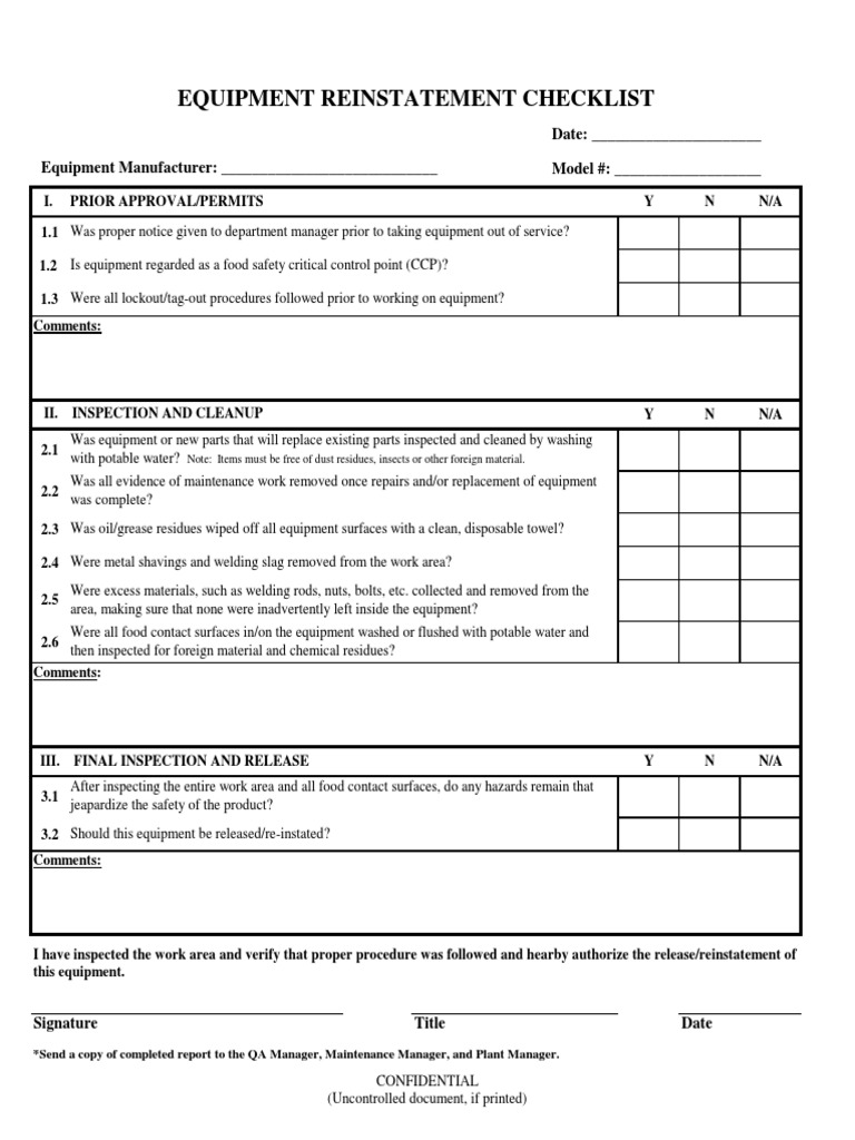 Equipment Reinstatement Inspection Checklist | PDF | Industrial ...