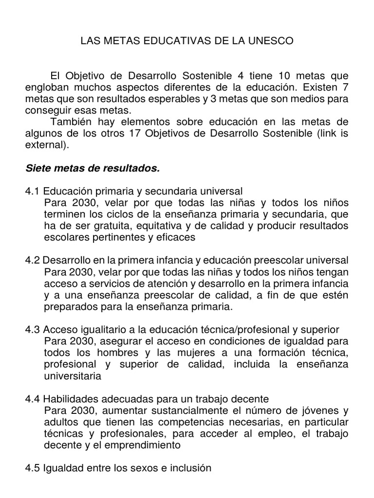 Metas Educativas de la UNESCO 2030 | PDF | Igualdad de género ...