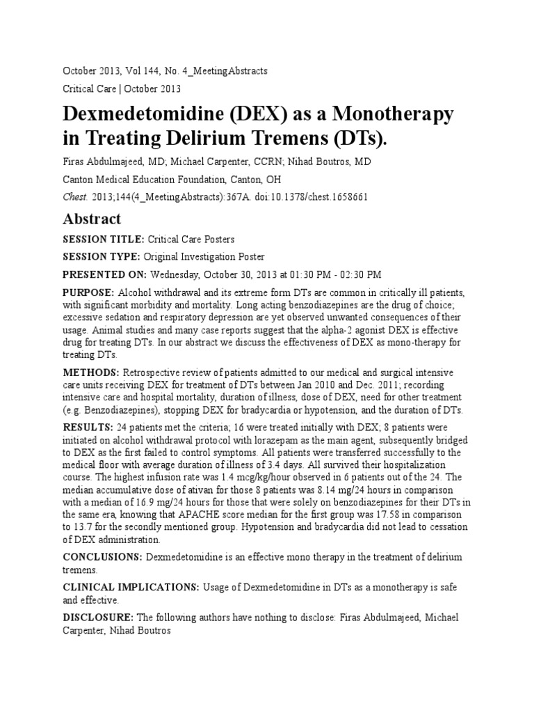 Dexmedetomidine Effective for Treating Delirium Tremens PDF
