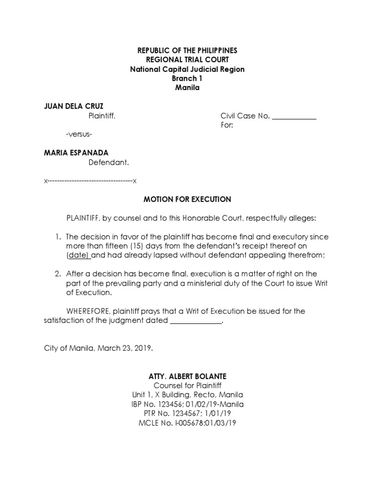 Motion for Execution in Civil Case | PDF