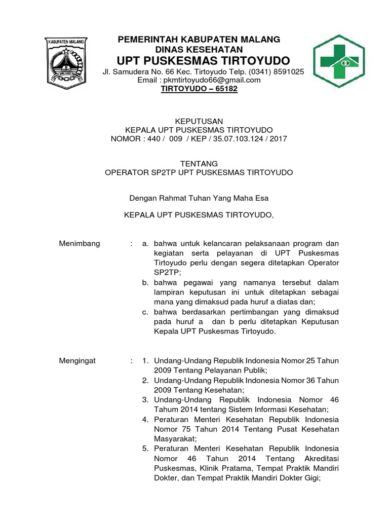 Penetapan Operator SP2TP Puskesmas Tirtoyudo | PDF