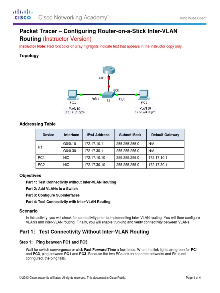 (Instructor Version) : Packet Tracer - Configuring Router-on-a-Stick ...