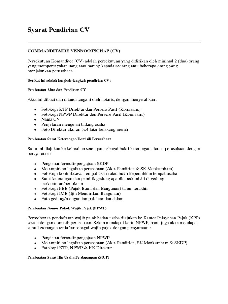 Syarat Pendirian Cv