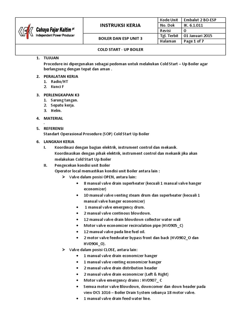 6.1.011. INSTRUKSI KERJA Cold Start Up Boiler PDF