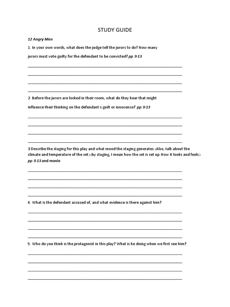 12 Angry Men Study Guide Questions | PDF | Legal Procedure | Prosecution