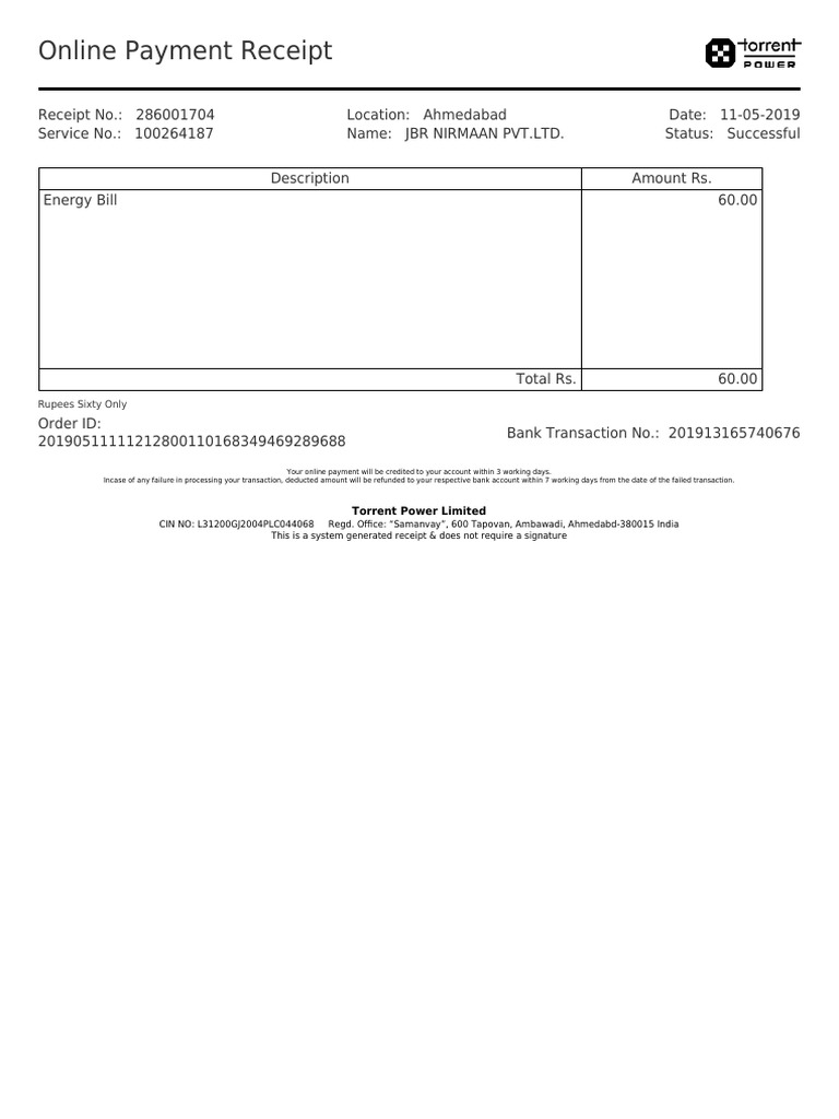 Online Payment Receipt: Rupees Sixty Only | PDF | Finance & Money ...