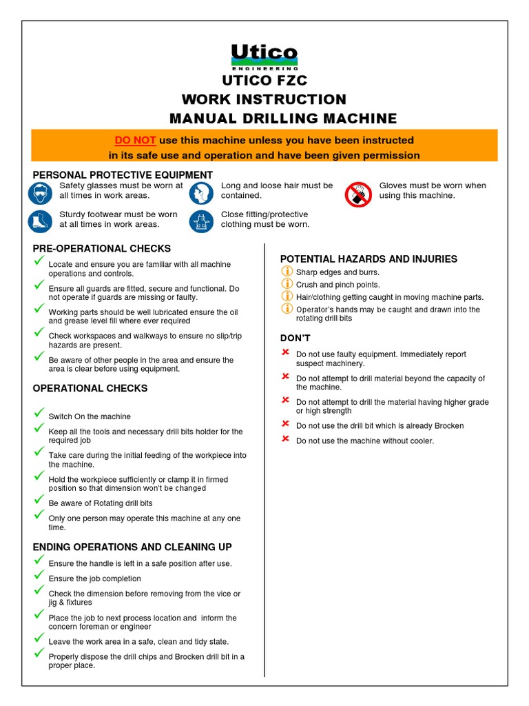 Utico FZC Work Instruction Manual Drilling Machine PDF Industrial