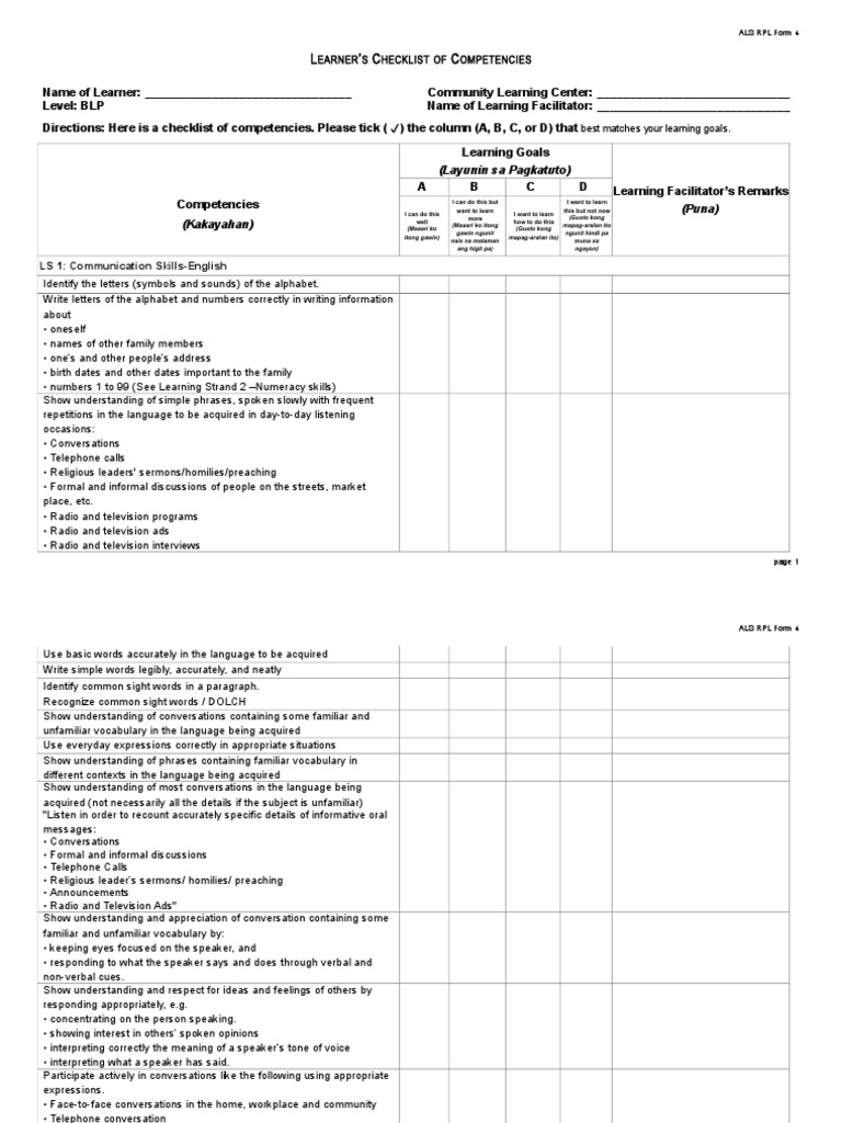 ALS RPL Form 4 Competency Checklist | PDF | Nonverbal Communication ...