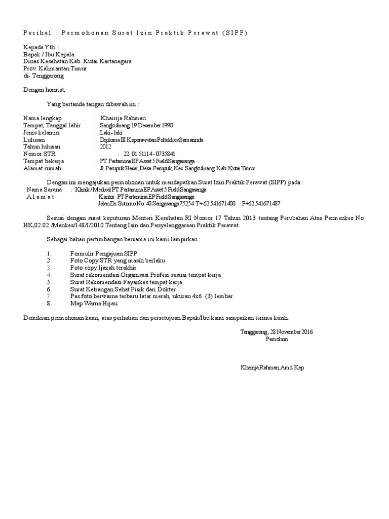 Surat Permohonan Perawat Sikp