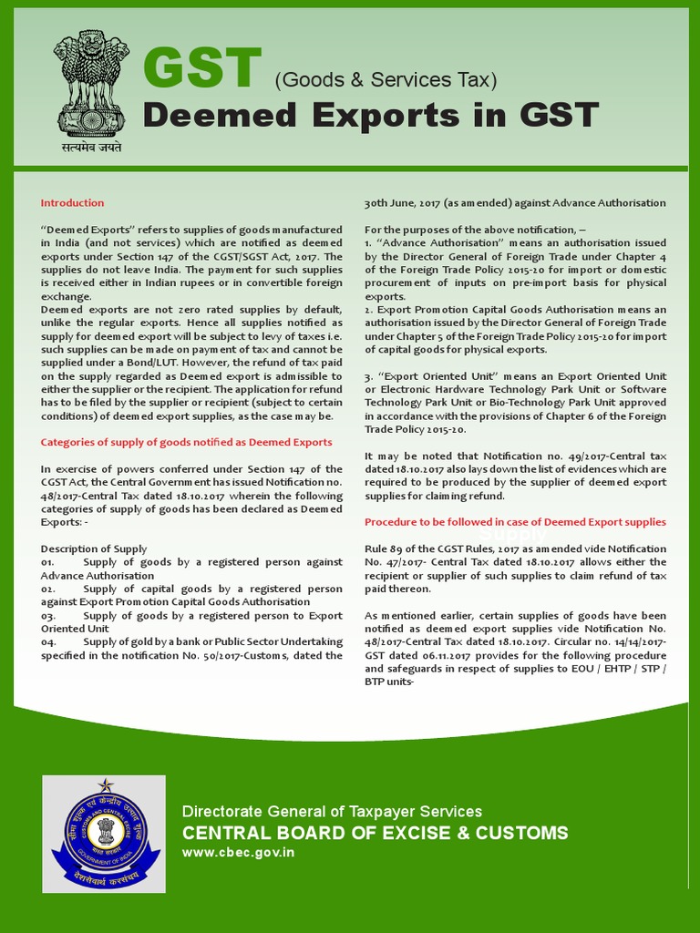 Deemed Exports in GST | PDF | Taxes | Payments