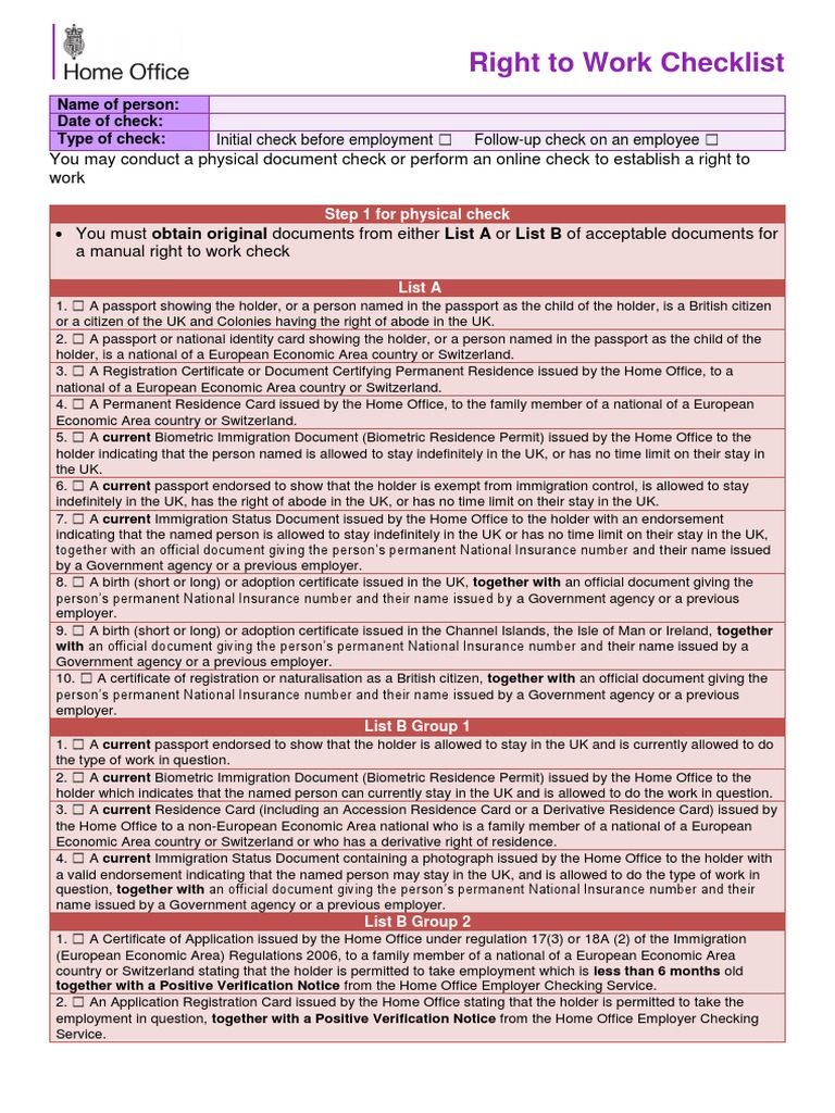 Right To Work Checklist PDF Passport Official Documents