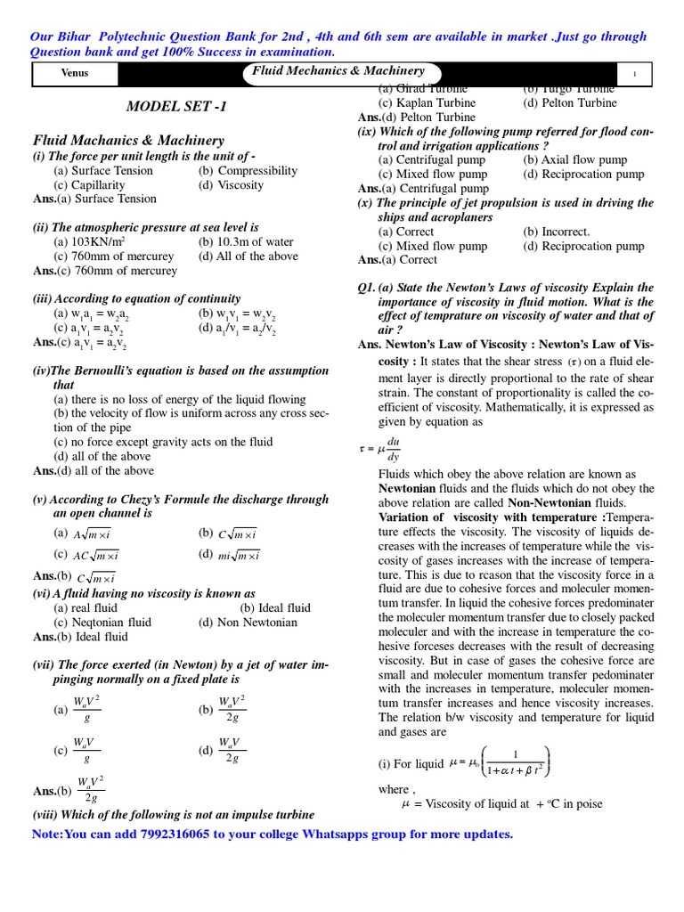 Fluid Mechanics Question Bank for Exams | PDF | Pump | Fluid Dynamics