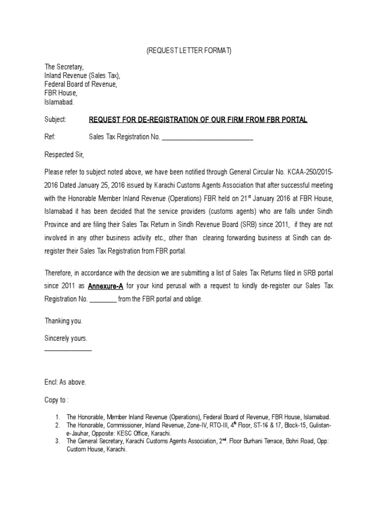 De Registration of Sales Tax From FBR Format Letter PDF