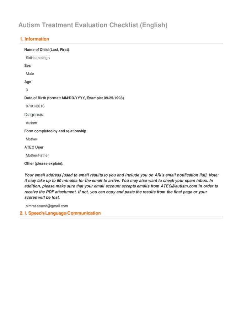 Autism Treatment Evaluation Checklist | PDF | Autism | Psychology