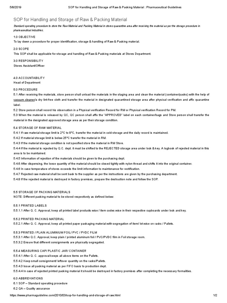 SOP For Handling and Storage of Raw & Packing Material - Pharmaceutical ...