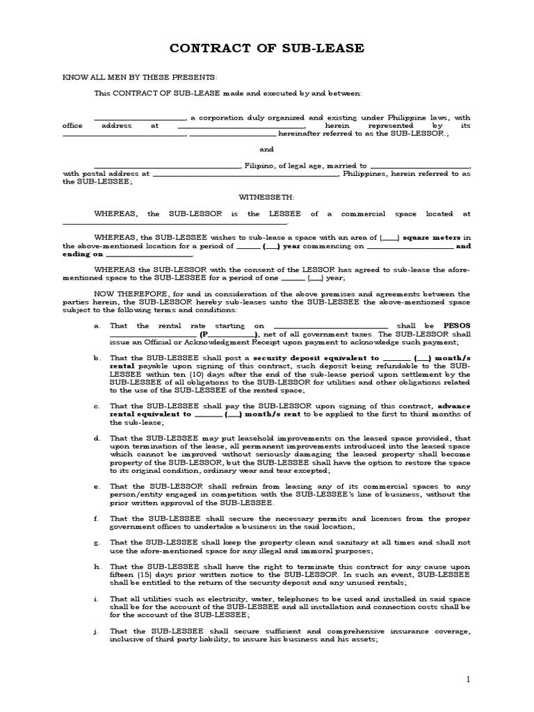 Contract of SubLease Sample PDF Lease Government Information