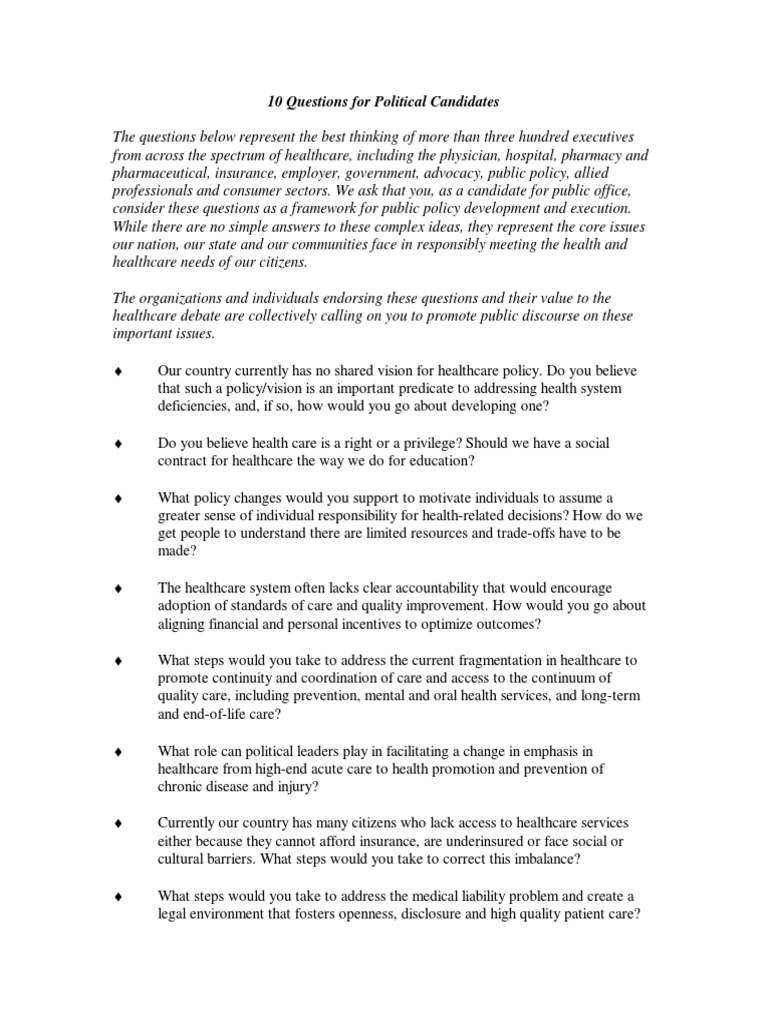 10 Questions For Political Candidates | PDF | Health Policy | Health Care
