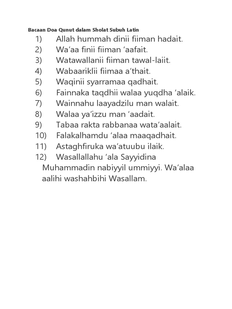 Bacaan Doa Qunut Dalam Sholat Subuh Latin Docx