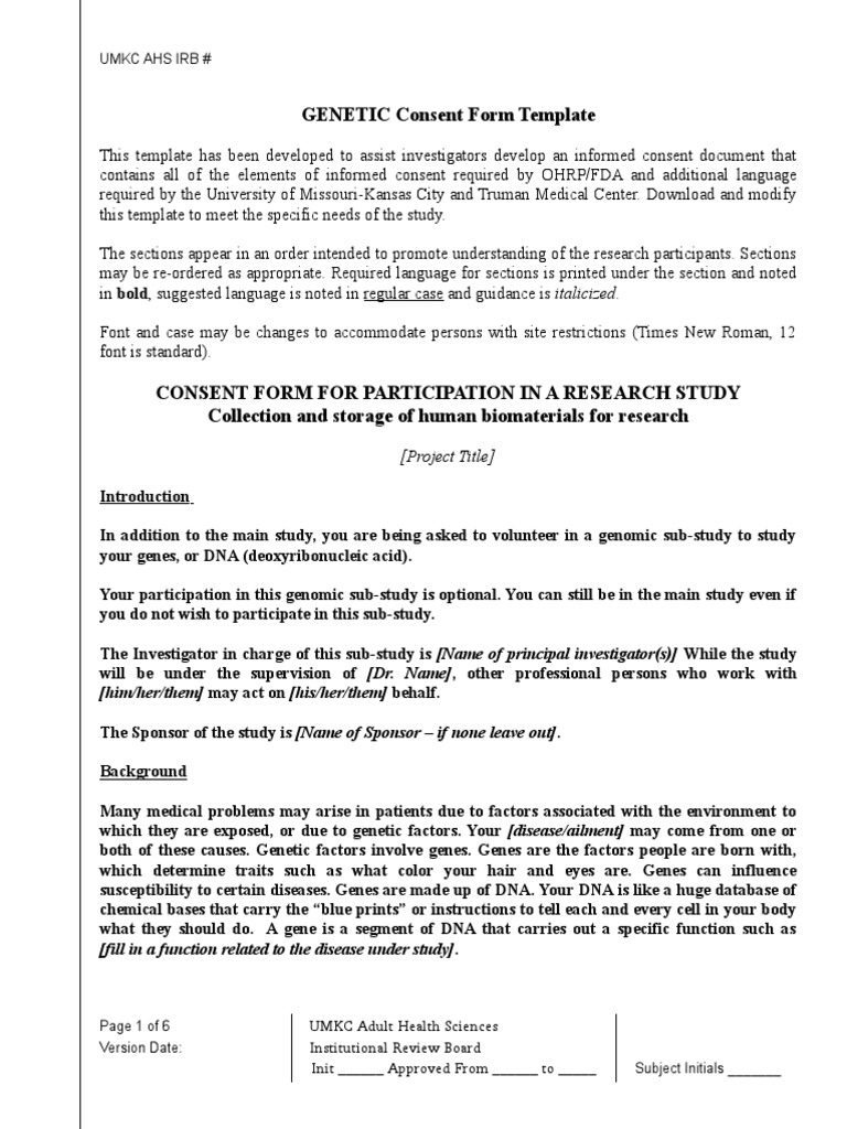 Genetic Consent Form Template for Research | PDF | Institutional Review ...