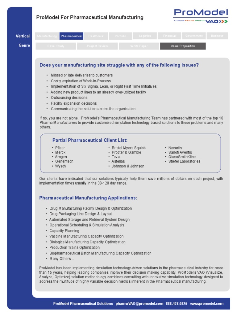Value Proposition Pharma Manufacturing PDF Pharmaceutical