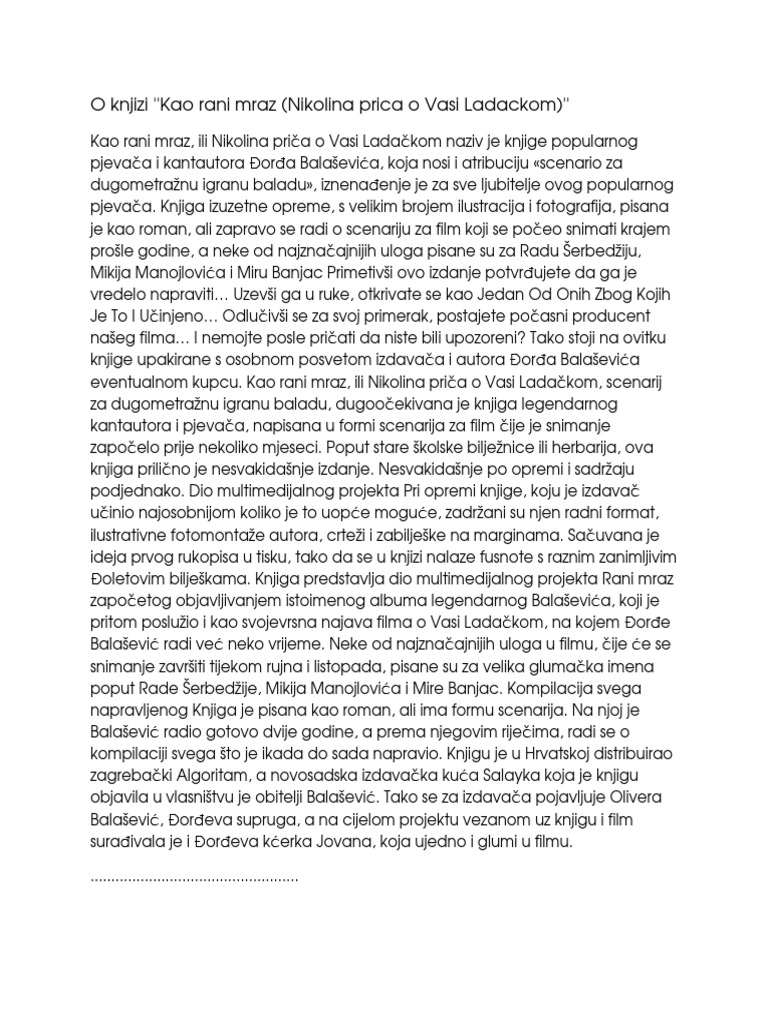 O Knjizi ''Kao Rani Mraz (Nikolina Prica o Vasi Ladackom) '' PDF