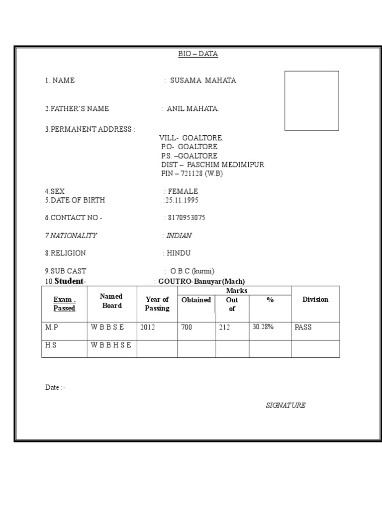 No 3 Bio Data H.S (Blank) | PDF