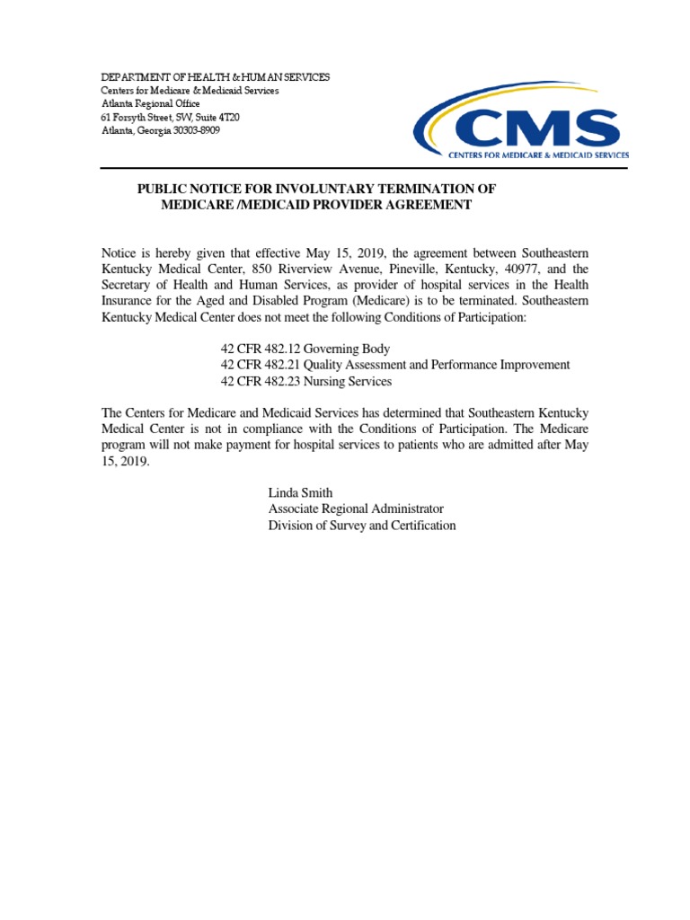 Medicare Provider Agreement Termination Notice | PDF