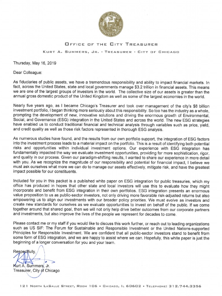 Treasurer Summers ESG Letter To Public Treasurers PDF