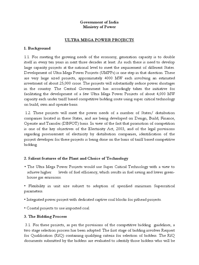 Overview of Ultra Mega Power Projects | PDF | Procurement | Request For ...