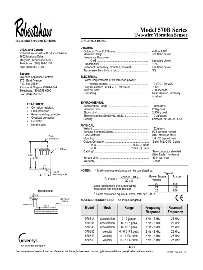 Model 570B Series: Two-Wire Vibration Sensor | PDF | Coaxial Cable | Hertz